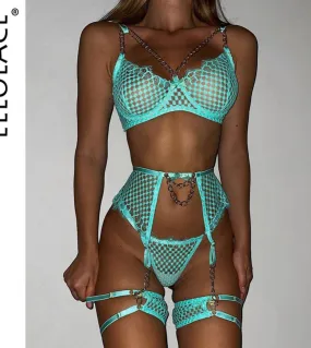 Ellolace Sensual Lingerie Reggiseno di pizzo con catena 4 pezzi Biancheria intima trasparente Completi di abiti di lusso