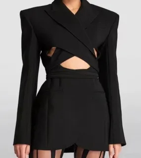 Giacche a maniche lunghe scavate con lacci con colletto dentellato Giacche da donna nere irregolari scavate Elegante party da se